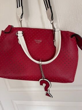 GUESS Red Satchel with White Handles and Striped Shoulder Strap